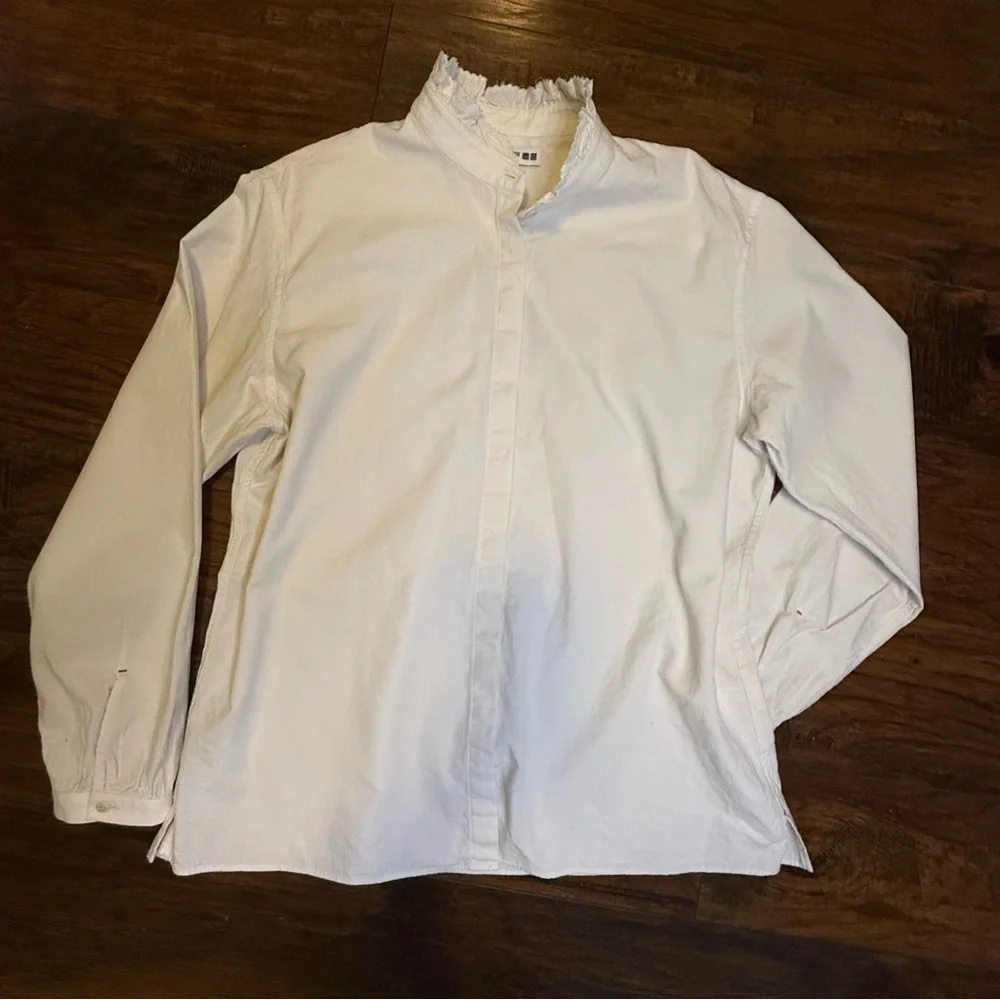 Ines de la Fressange x Uniqlo Ruffle Collar 100% Cotton Button-Up L French Chic - Picture 11 of 16